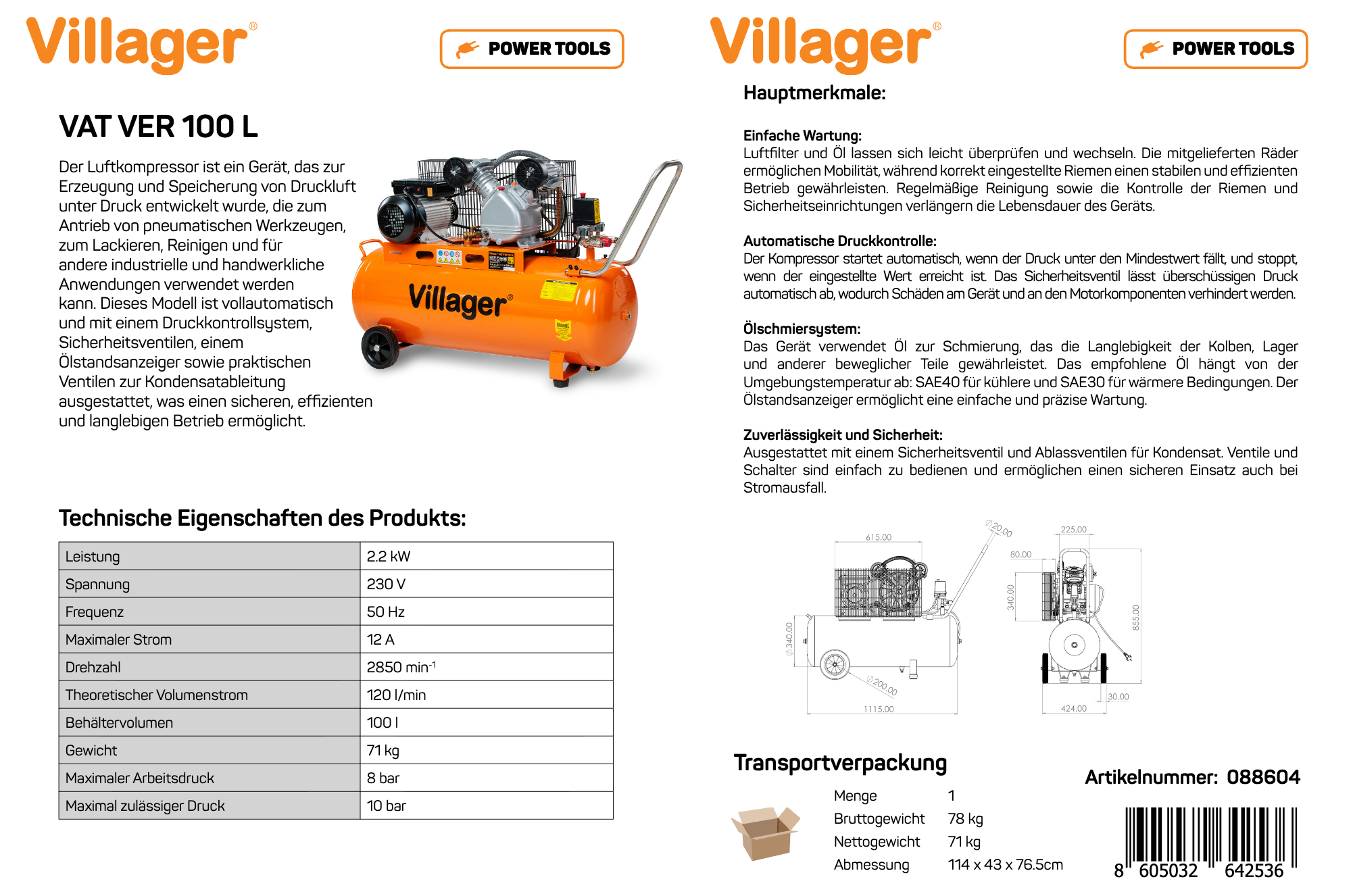 Villager Kompressor VAT VER 100 L, 2,2 kW, 8 bar - Art. VI-088604