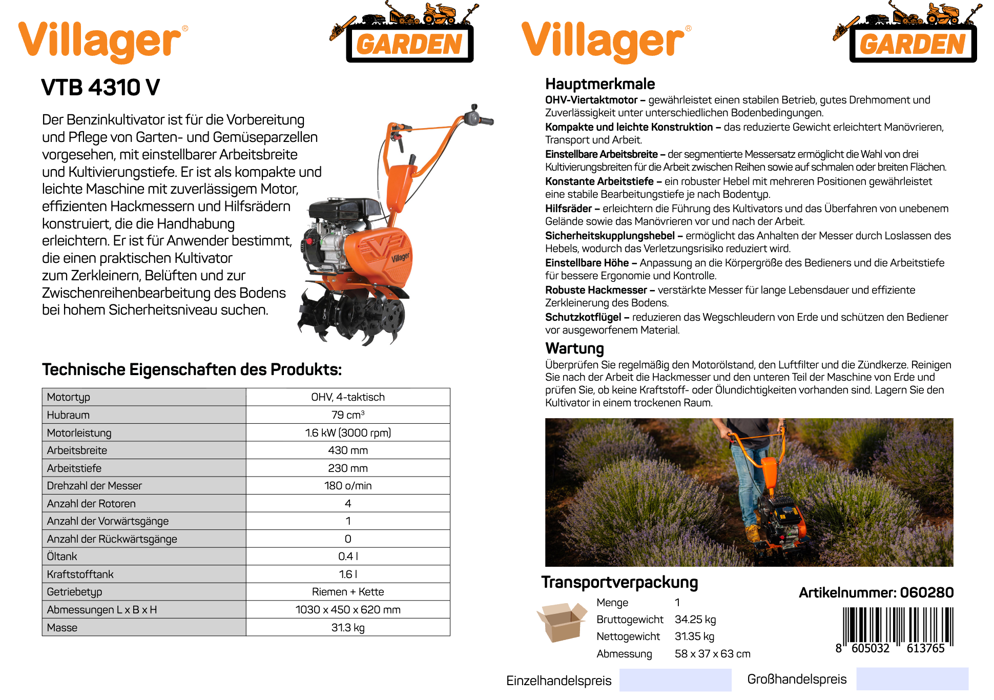 VTB 4310 V Benzin-Gartenfräse – 79 cm³, 1,6 kW, 43 cm Arbeitsbreite – VI-060280