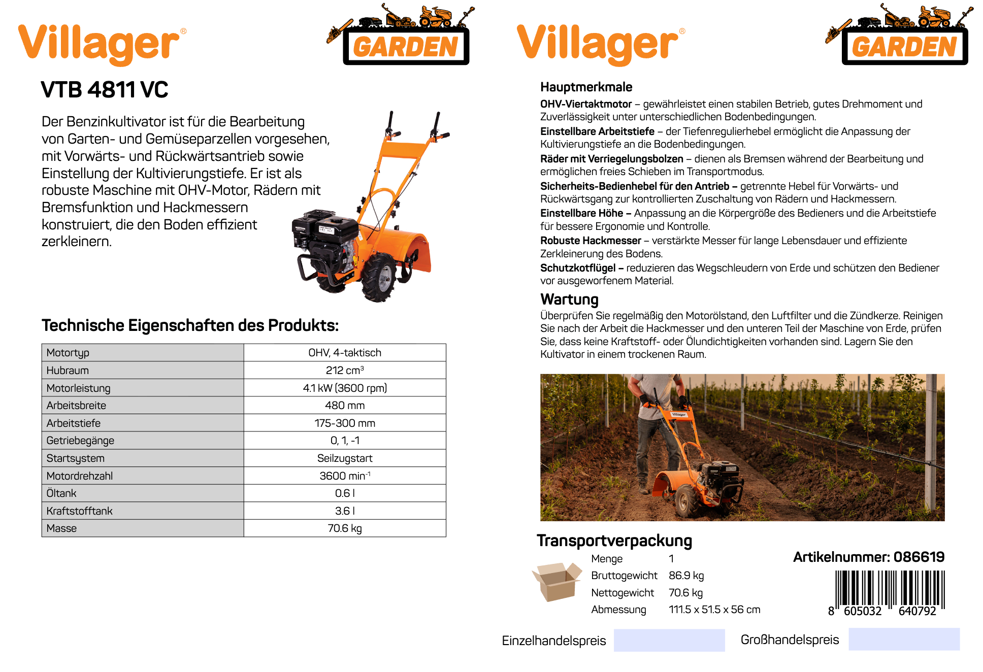 VTB 4811 VC Benzin-Bodenfräse – 212 cm³, 48 cm Arbeitsbreite, 6 Hackmesser – VI-086619