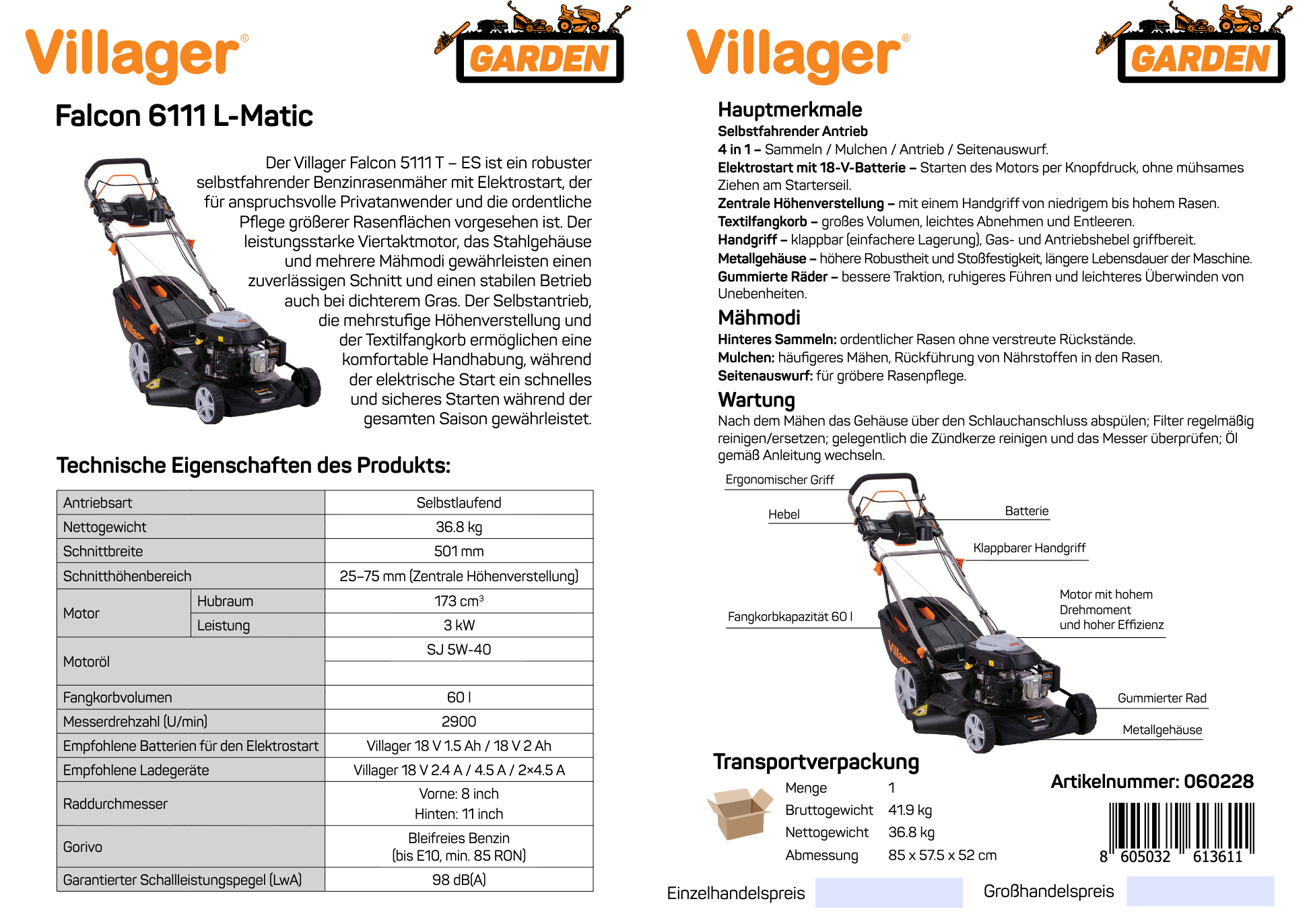 FALCON 5111 T-ES Benzin-Rasenmäher – 173 cm³, 3,0 kW, 501 mm Schnittbreite, Elektrostart, 4-in-1 - VI-060228
