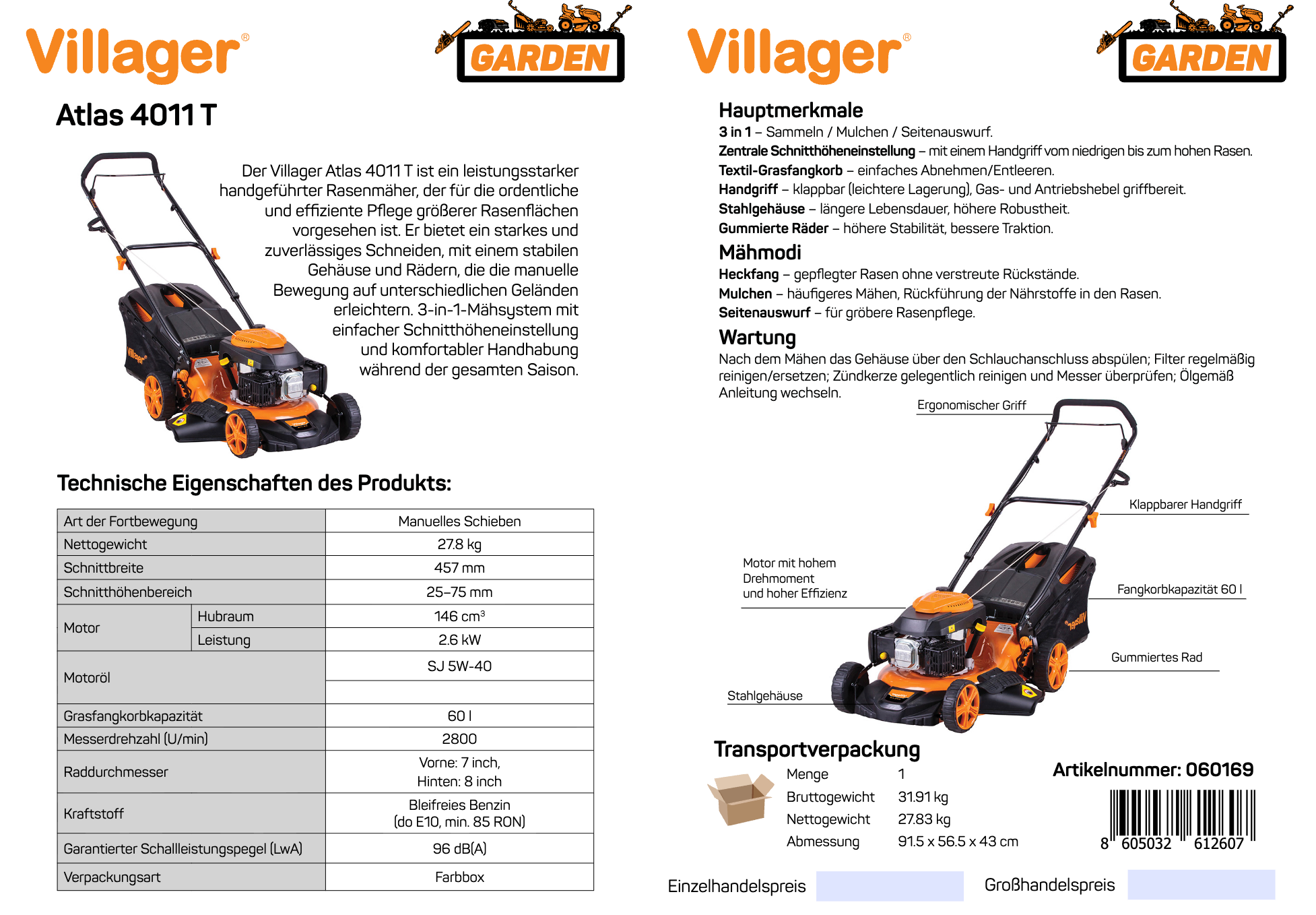 ATLAS 4011 T Benzin-Rasenmäher – 146 cm³ OHV-Motor, 46 cm Schnittbreite, 3-in-1 Funktion, 1100 m² - VI-060169