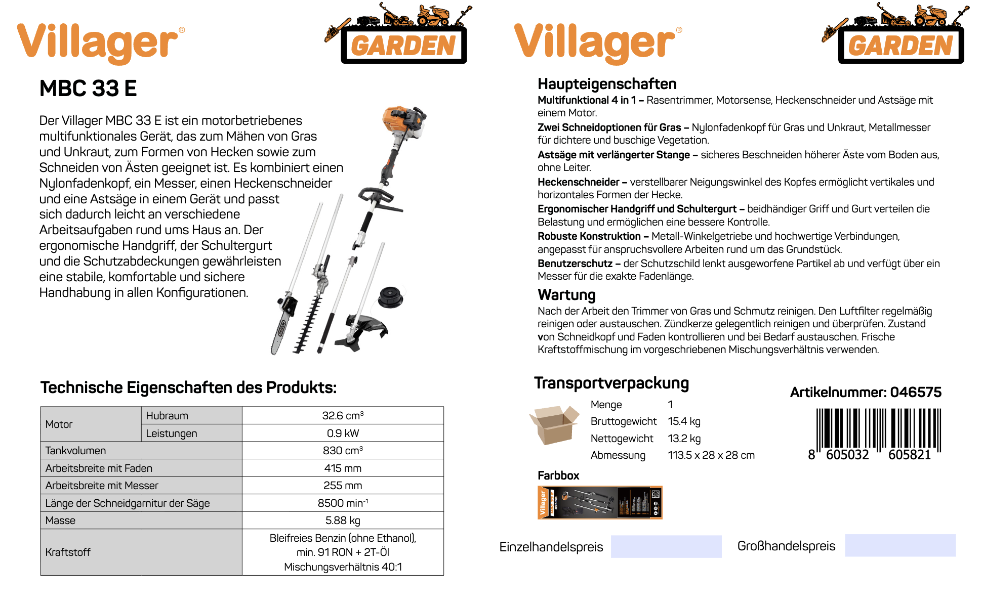 MBC 33 E Benzin-Multifunktionsgerät – Motorsense, Heckenschere, Hochentaster & Verlängerung in einem - VI-046575