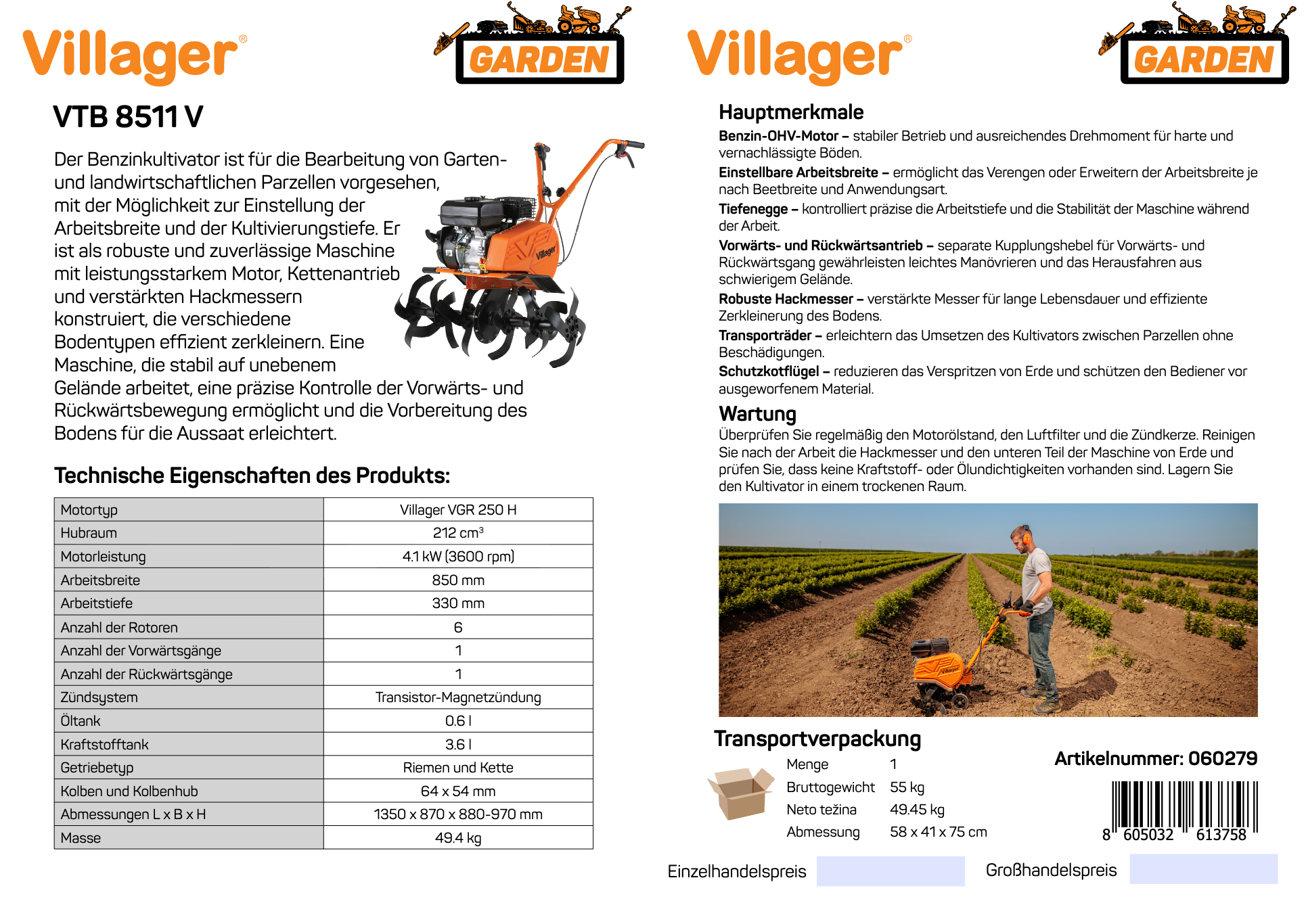 VTB 8511 V Motorhacke – 212 cm³, 850 mm Arbeitsbreite, Riemen-/Kettenantrieb – VI-060279