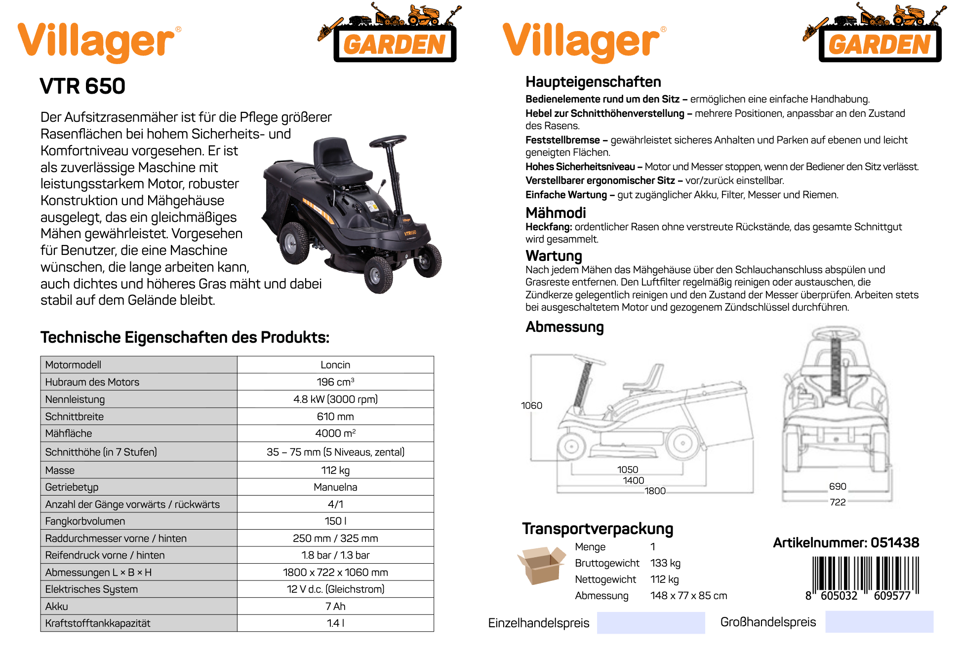 VTR 650 Aufsitzmäher / Rasentraktor – 61 cm Schnittbreite, 196 cm³ Loncin-Motor & 150 l Fangkorb – VI-051438