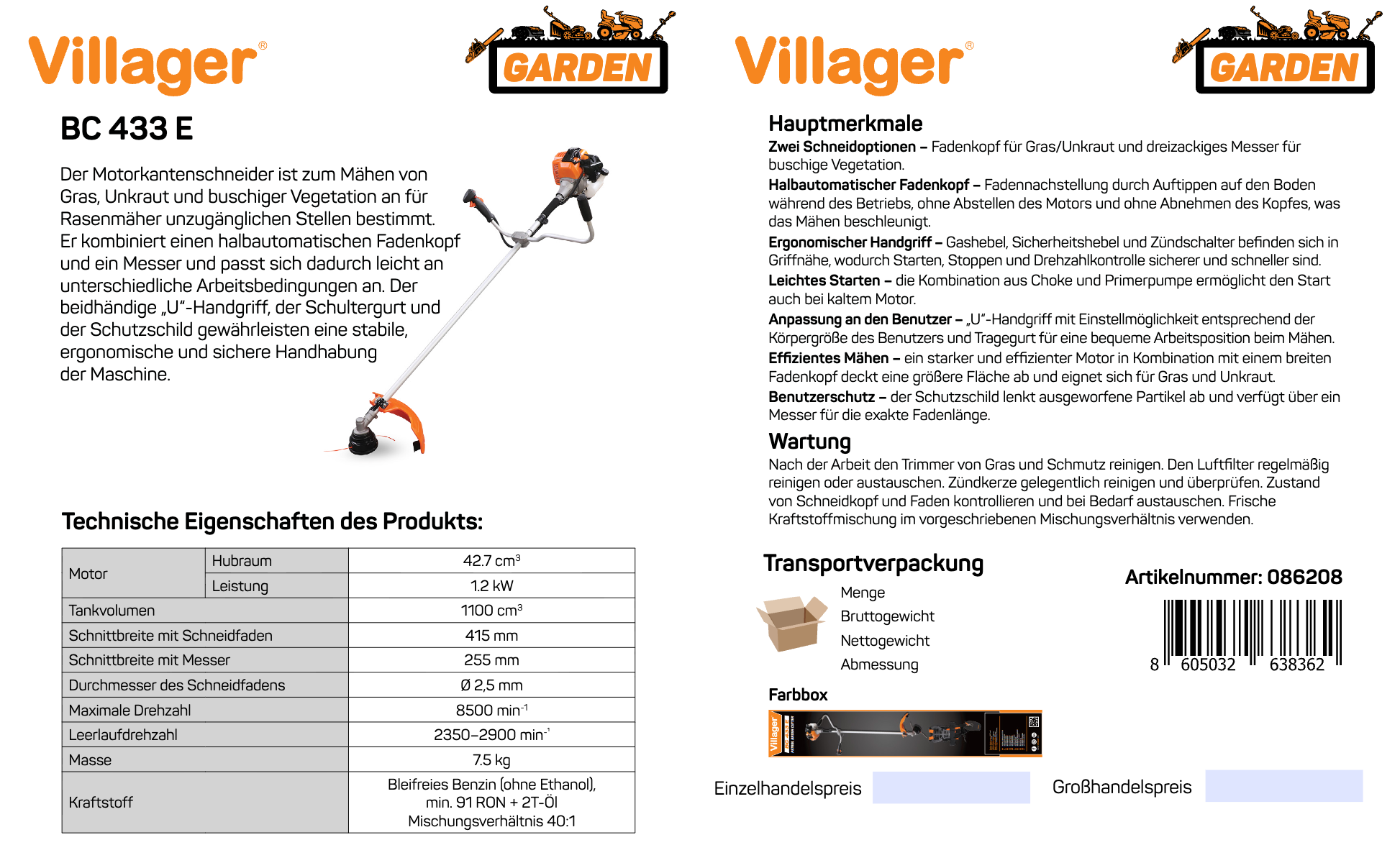 Benzin-Motorsense, 42,7 cm³, 1,2 kW Freischneider BC 433 E VI-086208