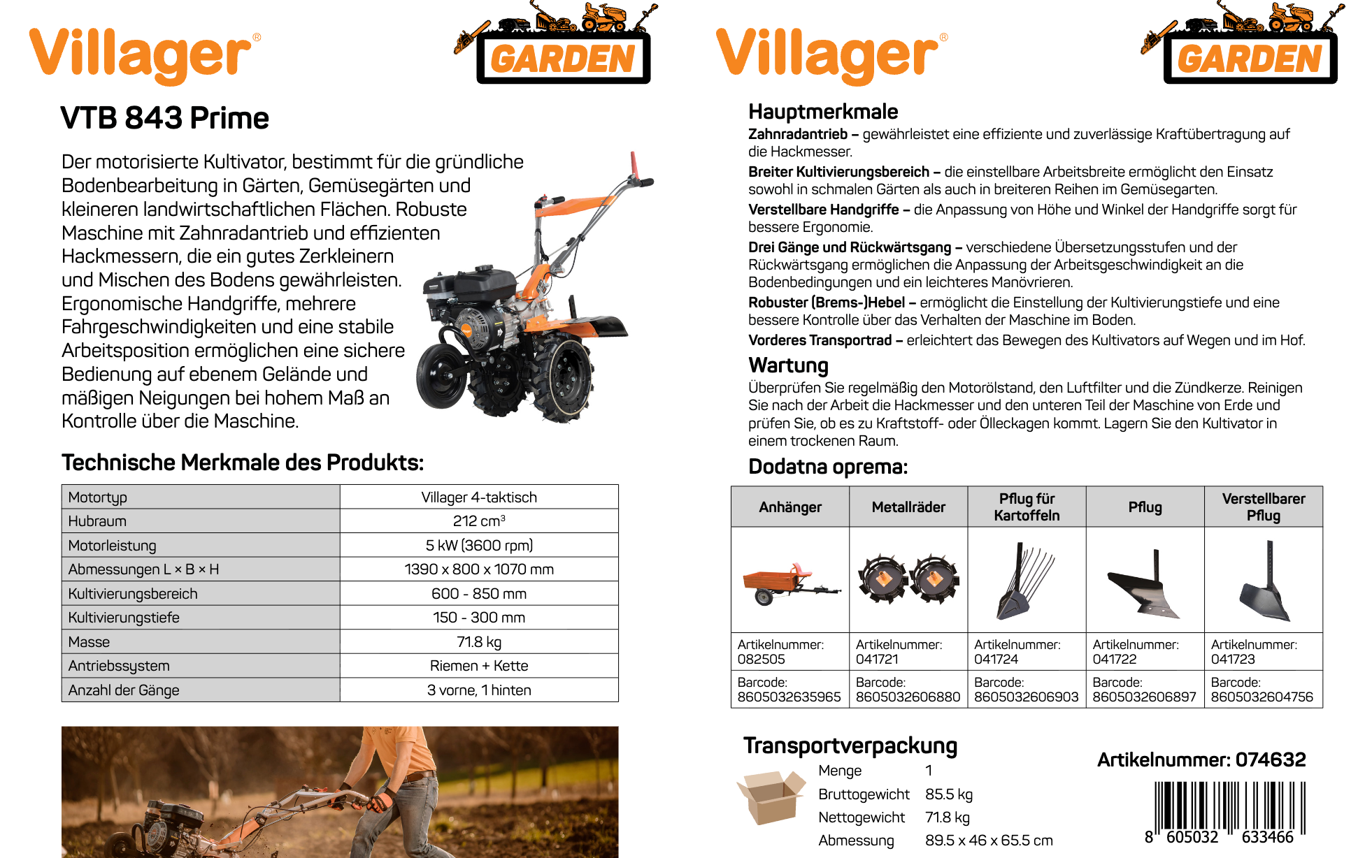 Einachsschlepper mit Anhänger - Motorhacke Anhänger Set VTB 843 Prime + TT 500 - VTB843P-TT500