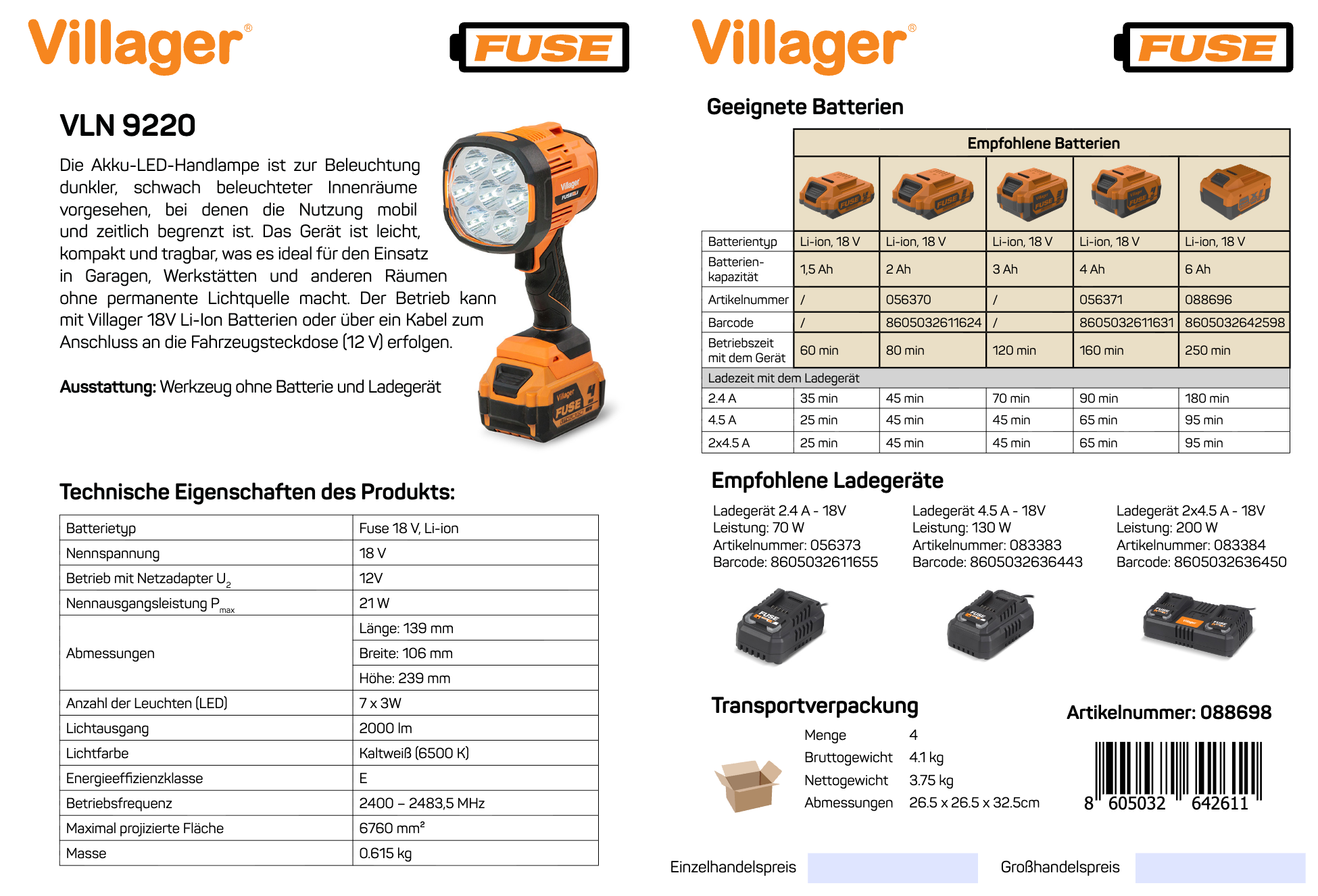 VLN 9220 Akku-Suchscheinwerfer (20V/12V) – 2500 Lumen, 640 m Reichweite, Dual-Power - VI-088698