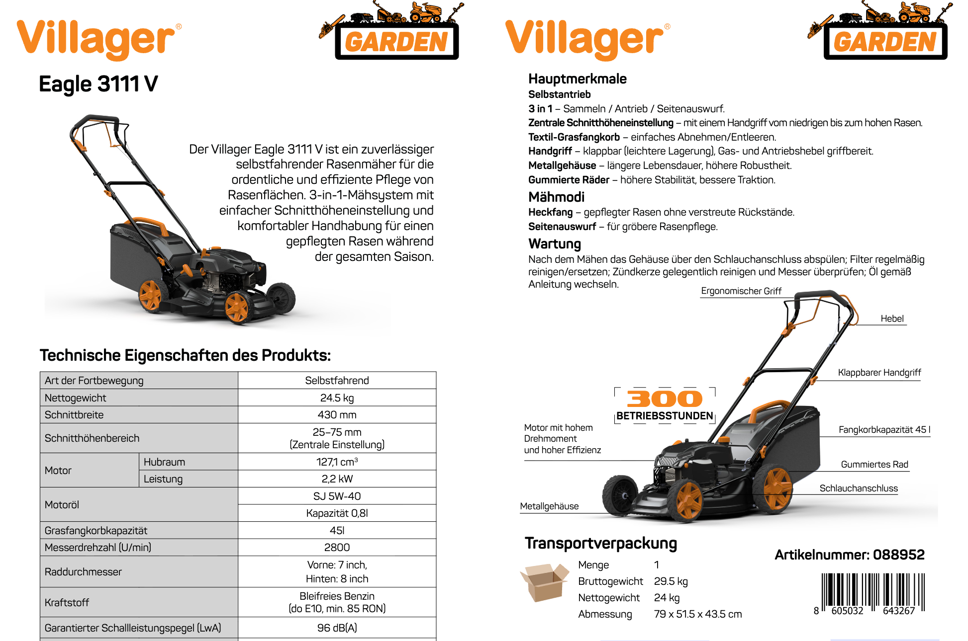 EAGLE 3111 V 3-in-1 Benzin-Rasenmäher mit Antrieb – 125 cm³ OHV, 43 cm Schnittbreite, Radantrieb – VI-088952