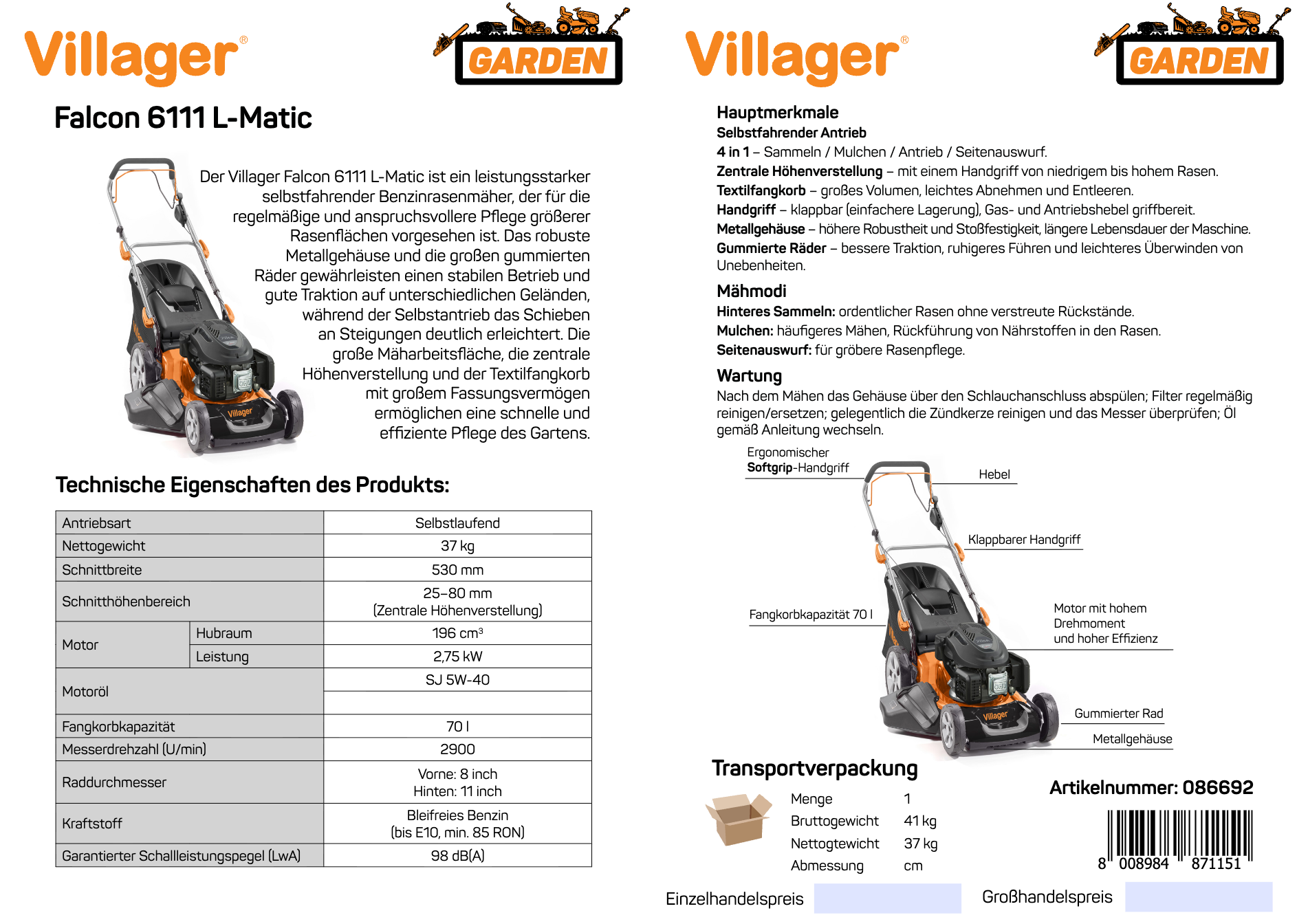 FALCON 6111 L-Matic Benzin-Rasenmäher – kraftvoll & komfortabel für große Flächen bis 1.500 m²- VI-086692