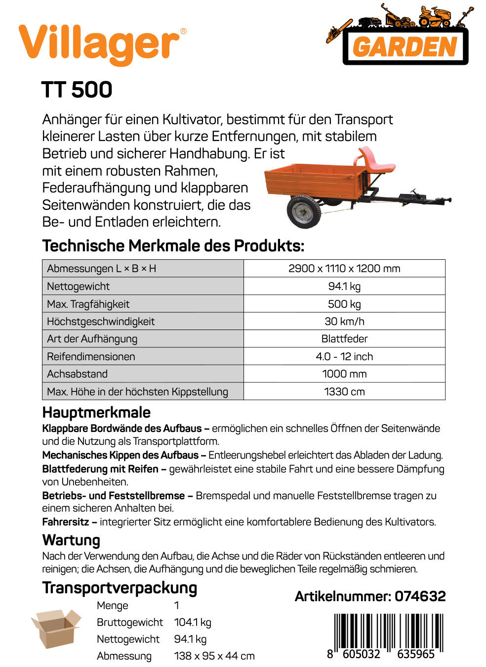 Einachsschlepper mit Anhänger - Motorhacke Anhänger Set VTB 843 Prime + TT 500 - VTB843P-TT500
