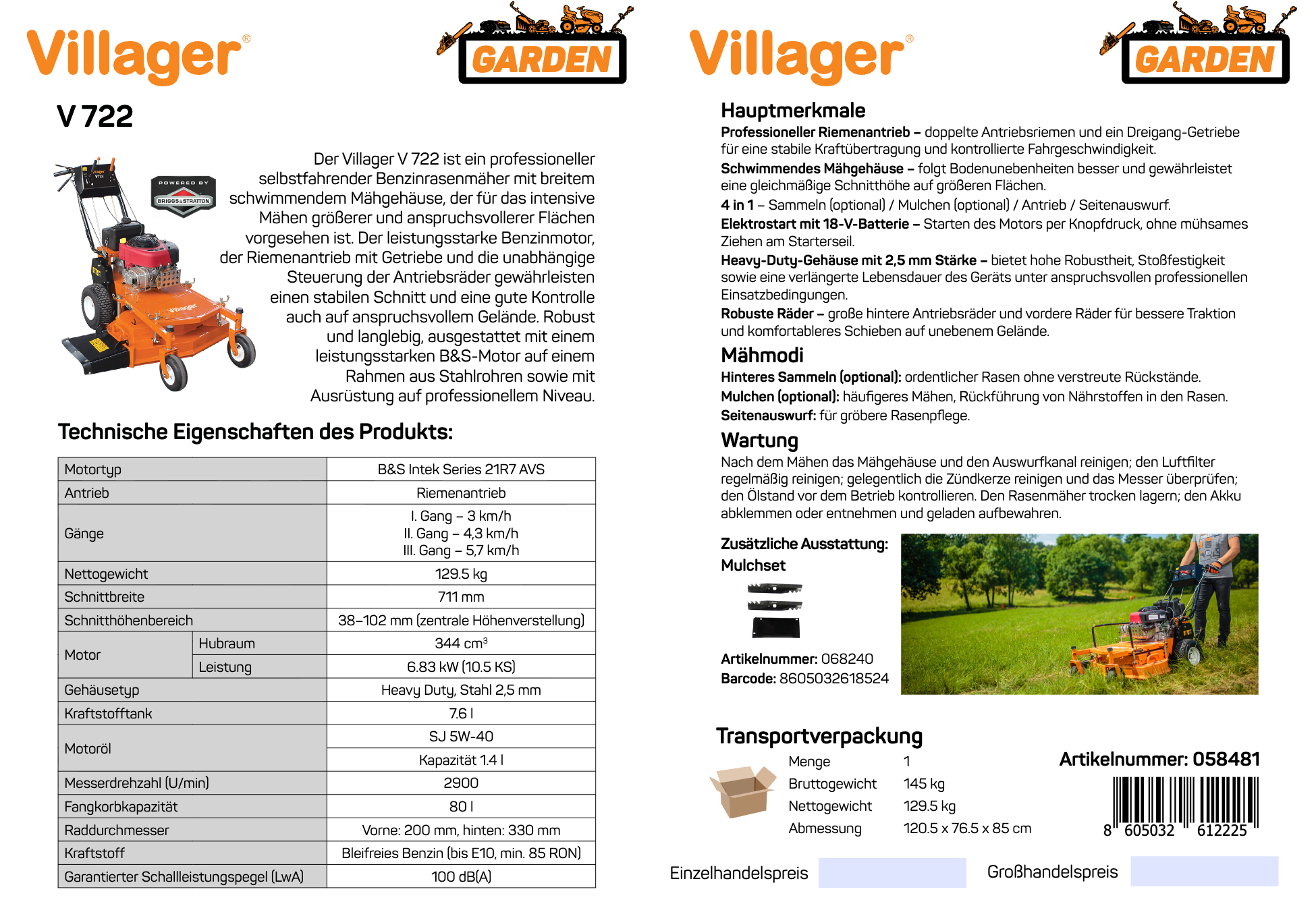 Hochgrasmäher V 722 PRO – 71 cm Profi-Rasenmäher mit B&S Intek-Motor & 3-Gang-Radantrieb - VI-058481