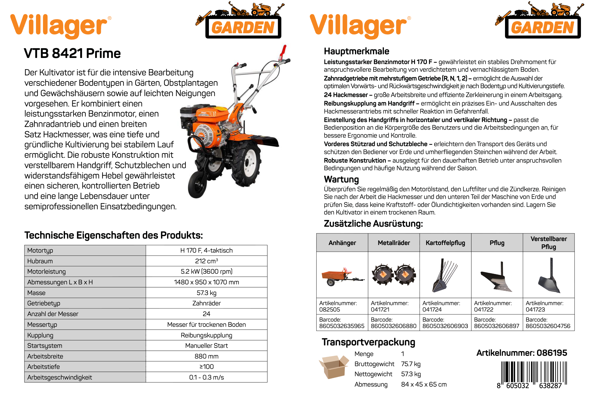 Prime VTB 8421 Benzin-Motorhacke – 212 cm³, 85 cm Arbeitsbreite, Direktantrieb – VI-086195