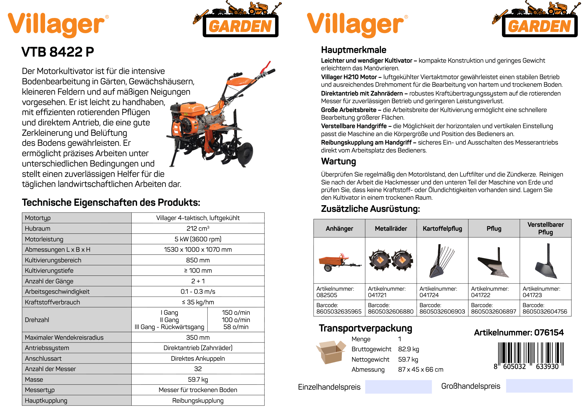 Motorhacke VTB 8422 P Gartenfräse Benzin-Bodenfräse – 850 mm Arbeitsbreite & 212 cm³ Power für kraftvolles Arbeiten im Garten - VI-076154